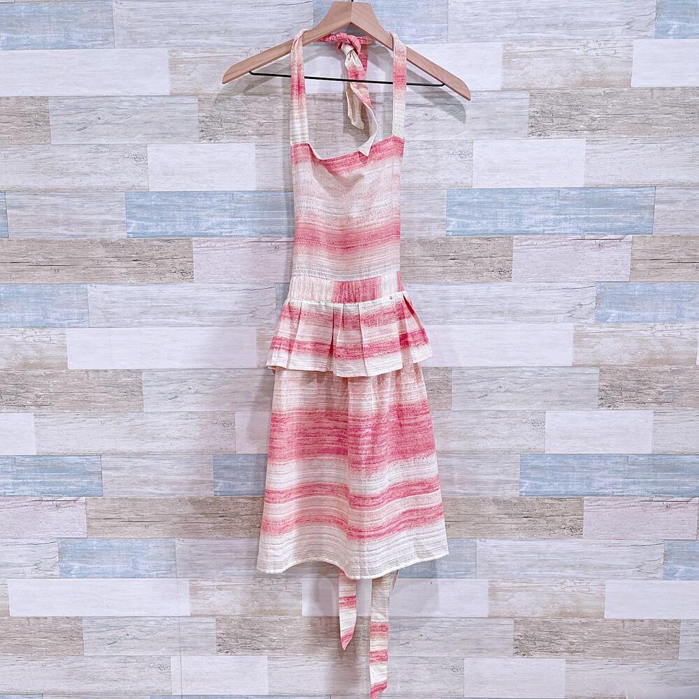 Anthropologie Ruffle Striped Apron Pink Cream Metallic Cotton Womens One Size OS